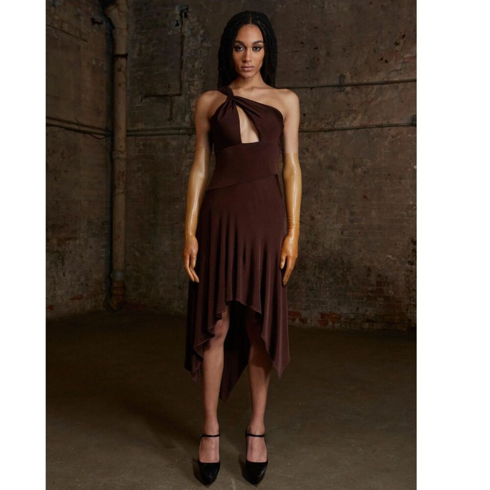 NWT RtA Asymmetric One-Shoulder Brown Midi Dress Sz 2